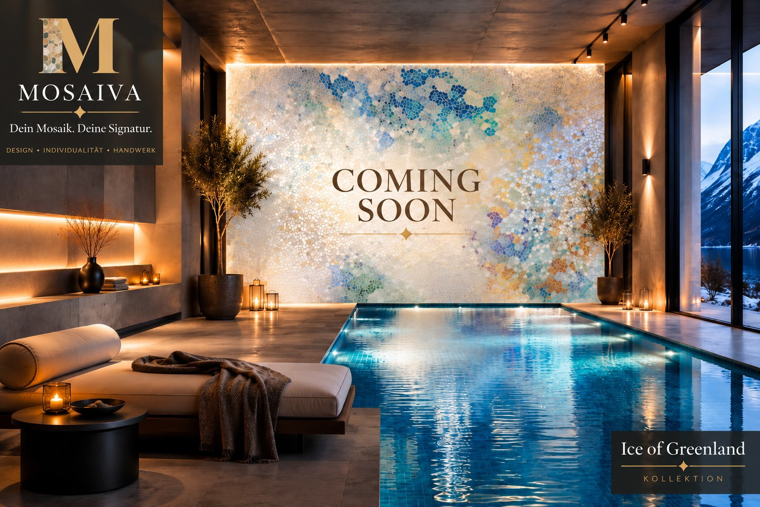 MOSAIVA – Coming Soon. Ice of Greenland Kollektion: luxuriöser Spa-Bereich mit Mosaikwand und Pool.